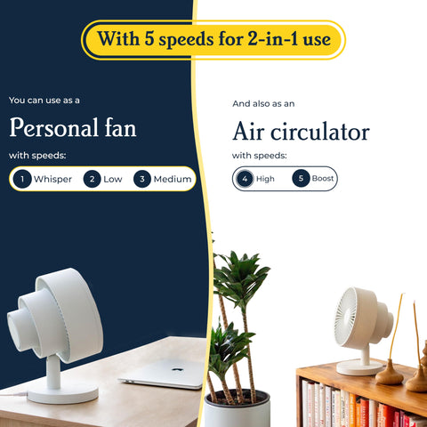 Windmill Smart Fan tilt head directs airflow across a workspace.