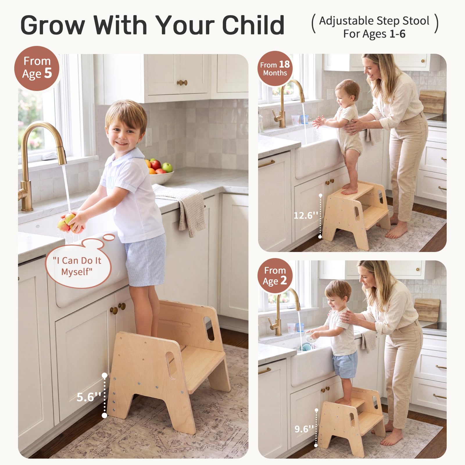 WINGYZ wooden step stool provides stable support for busy bathrooms