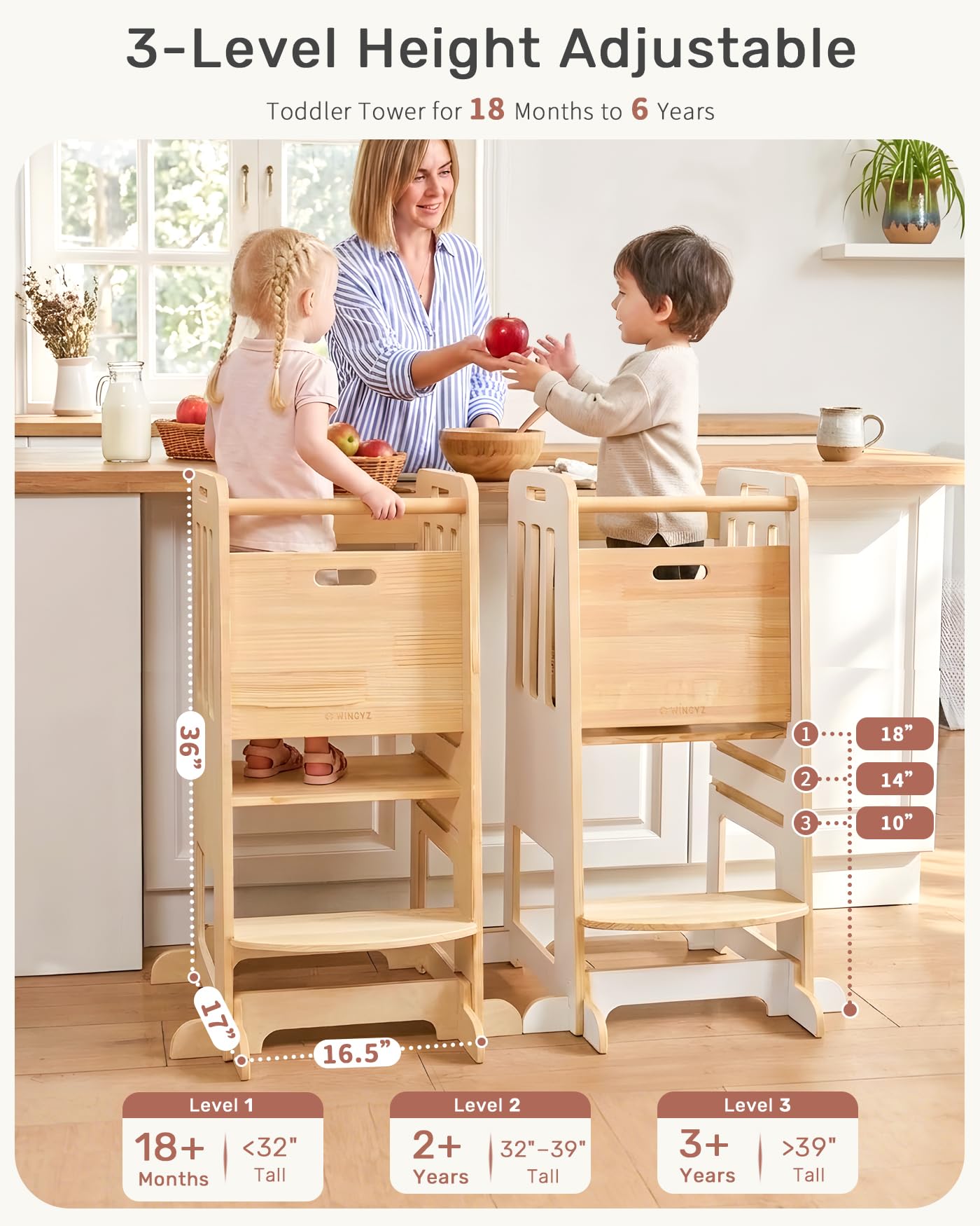 WINGYZ Toddler Tower 3-height adjustment for growing children.
