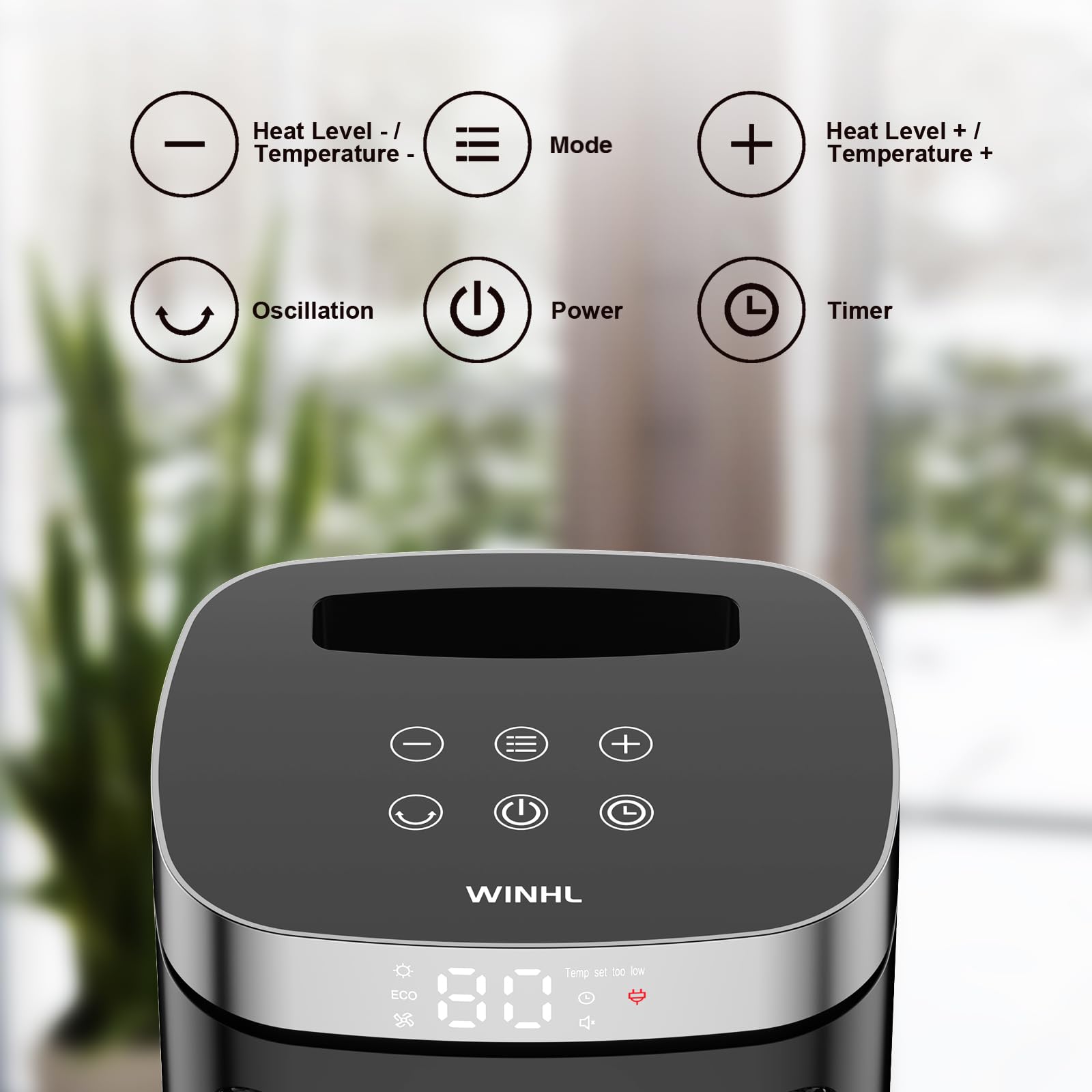 WINHL space heater remote control in hand enables easy temperature adjustments.