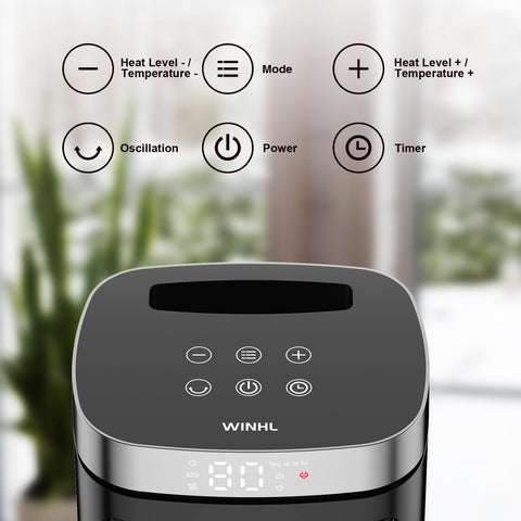 WINHL space heater remote control in hand enables easy temperature adjustments.