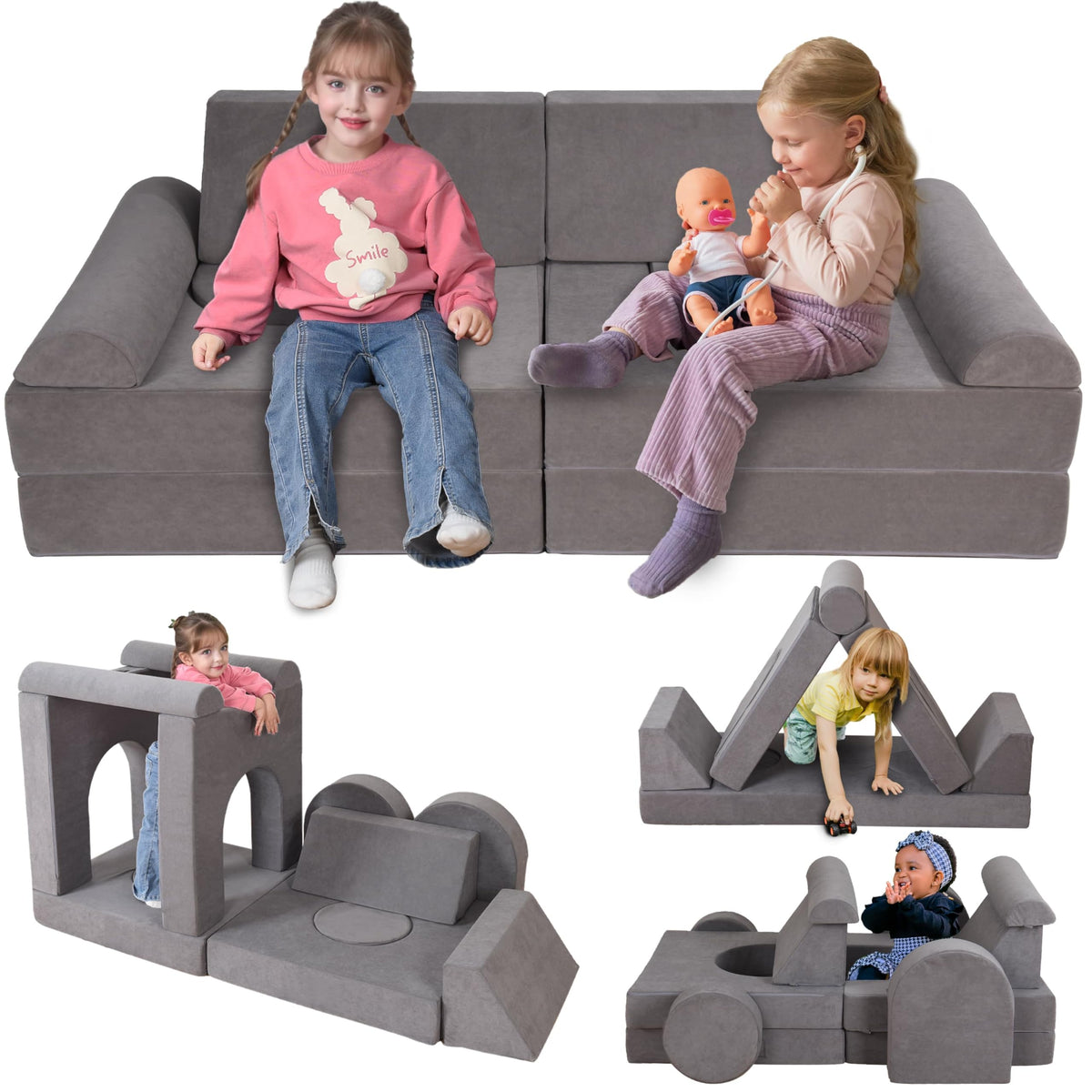Winhomish 12-piece modular play couch assembled into a cozy living room setup for kids.
