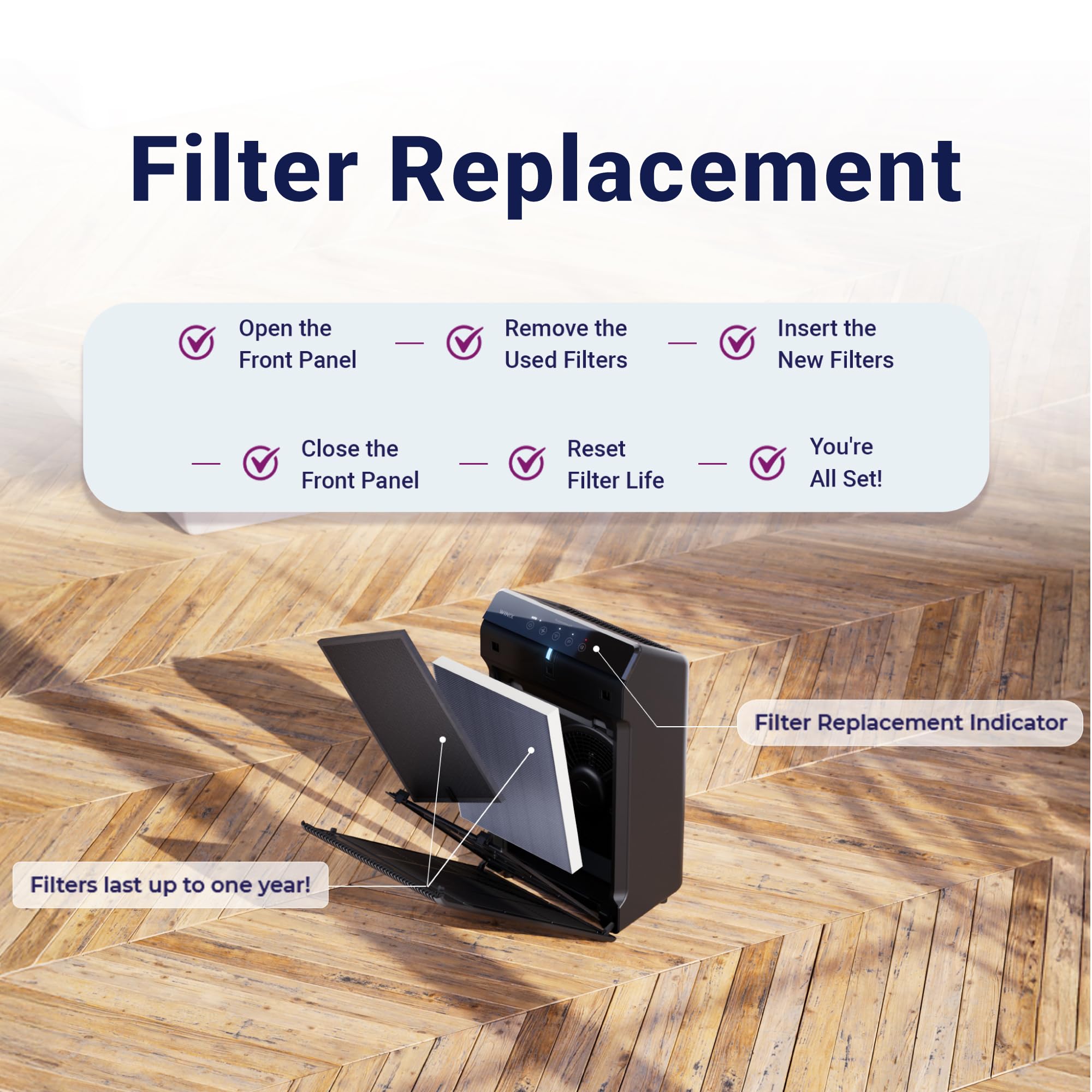 Winix 116130 replacement filter H back view demonstrates easy replacement and fit