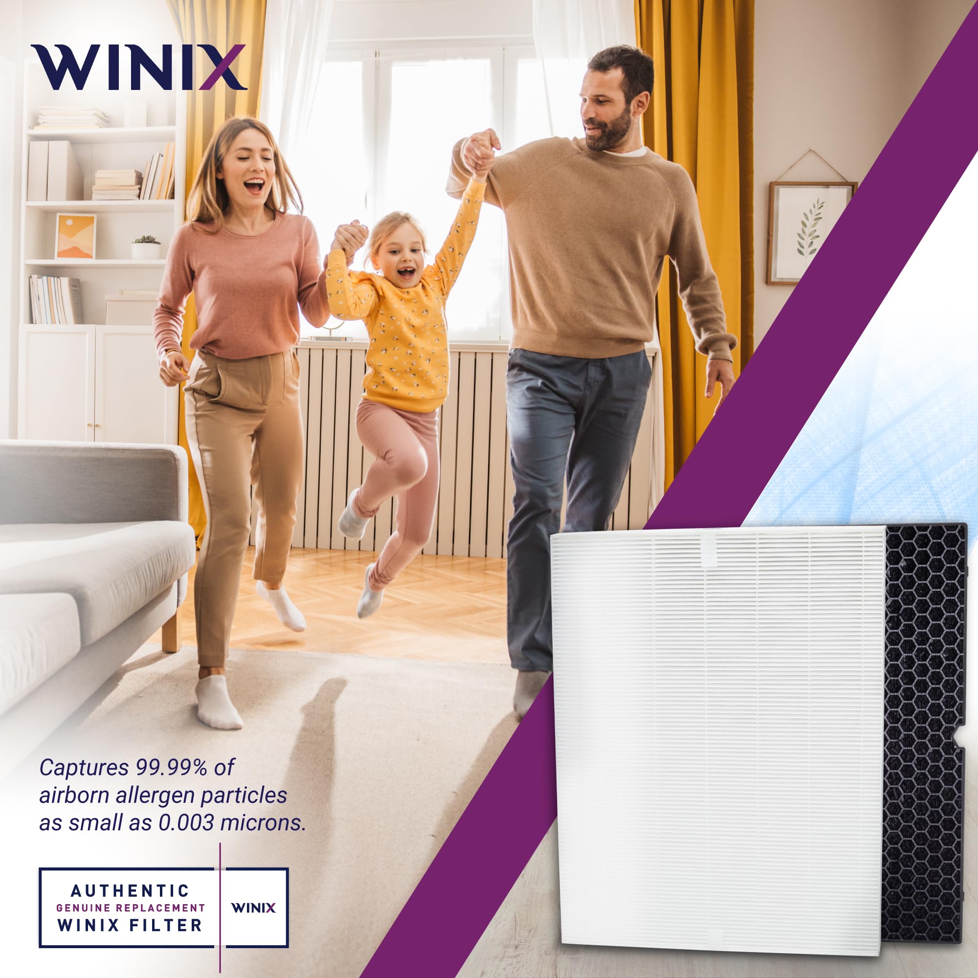 Winix 116130 replacement filter H packaging view highlights all-in-one filter with AOC carbon layer