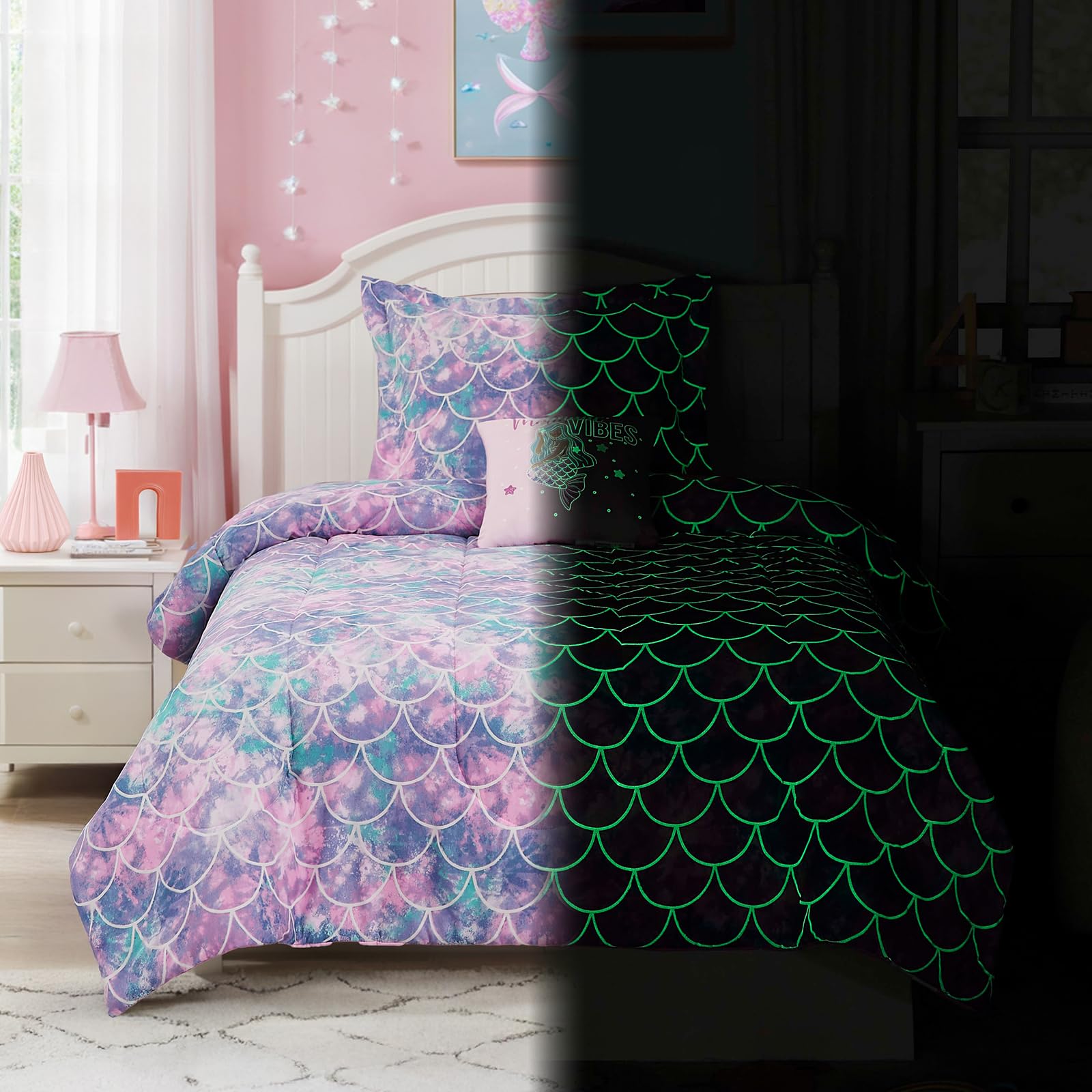 Wink Deer decor pillow mermaid adds cozy, decorative flair to a kid's bed or reading area.
