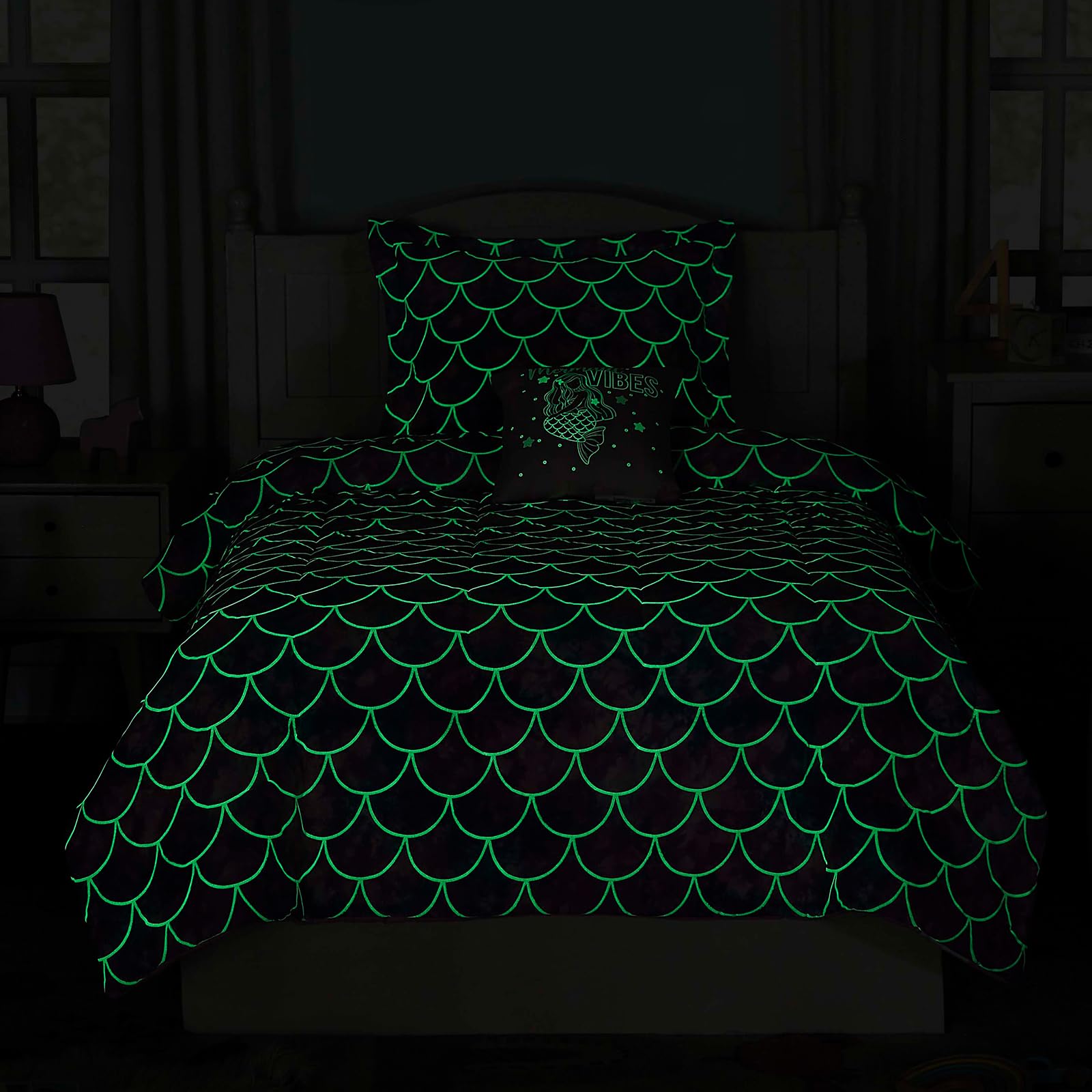 Wink Deer mermaid glow sham twin coordinates with the set for a cohesive kid's bed.