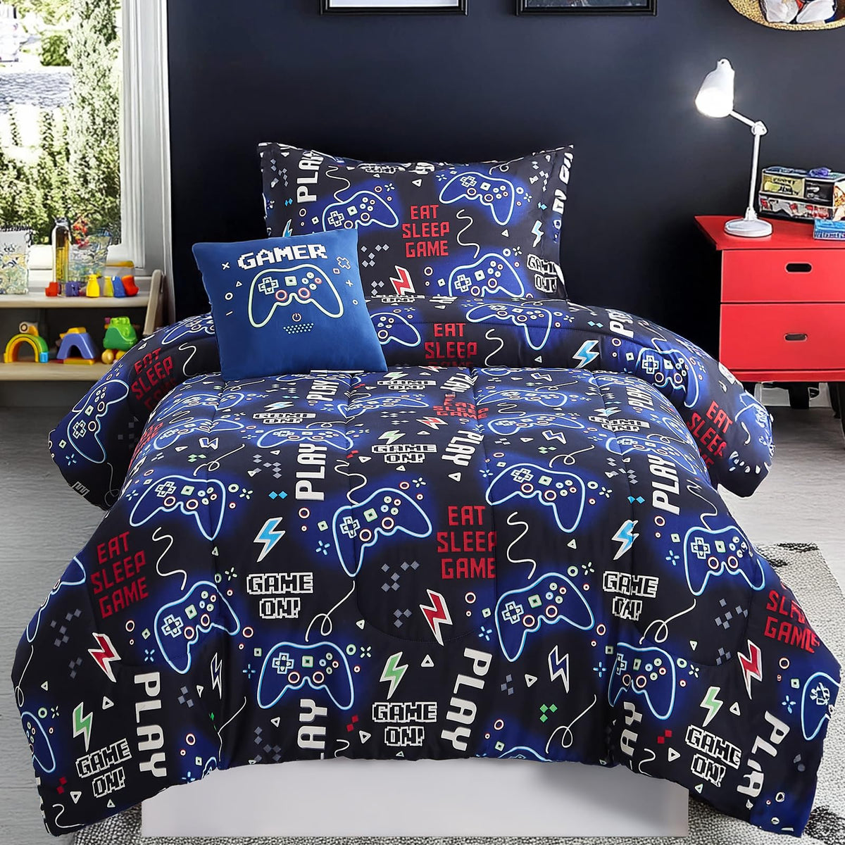 Wink Deer twin comforter set with gamers pattern for a playful kid's bed