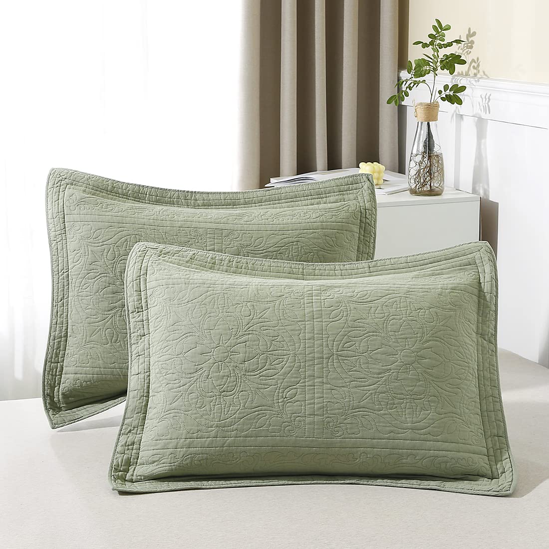 WINLIFE floral sage green pillow sham front view showing breathable cotton texture