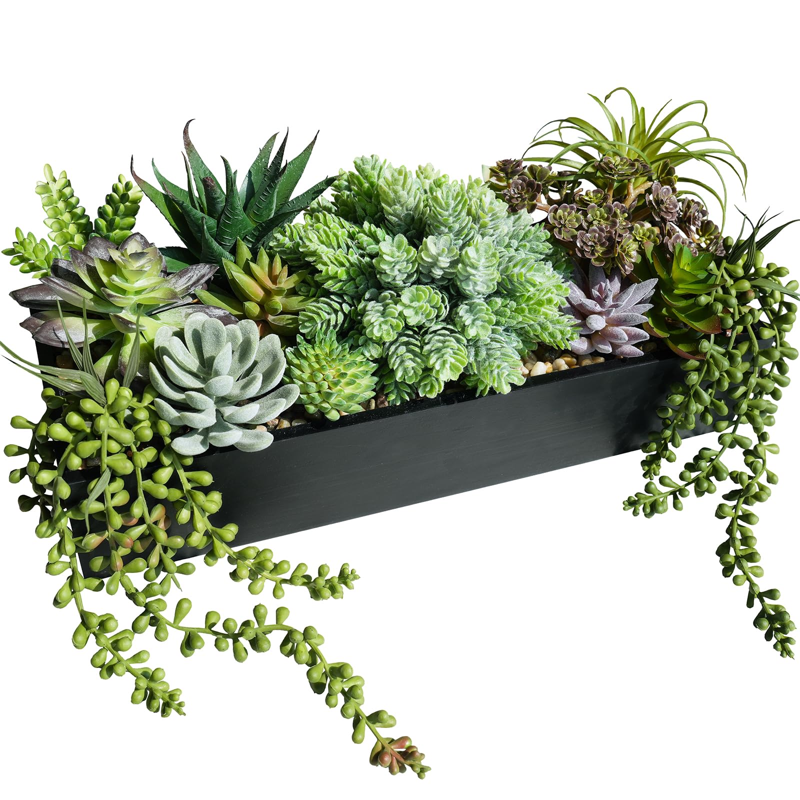 Winlyn 15-inch artificial succulents arrangement in a black wooden planter adds instant greenery to tables.