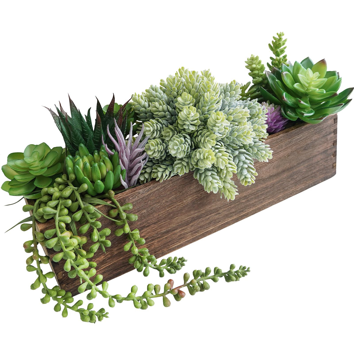 Winlyn 15-inch succulent centerpiece in rectangular planter for table decor.
