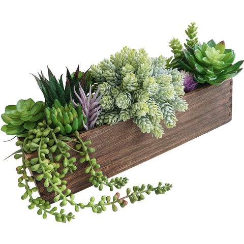 Winlyn 15-inch succulent centerpiece in rectangular planter for table decor.