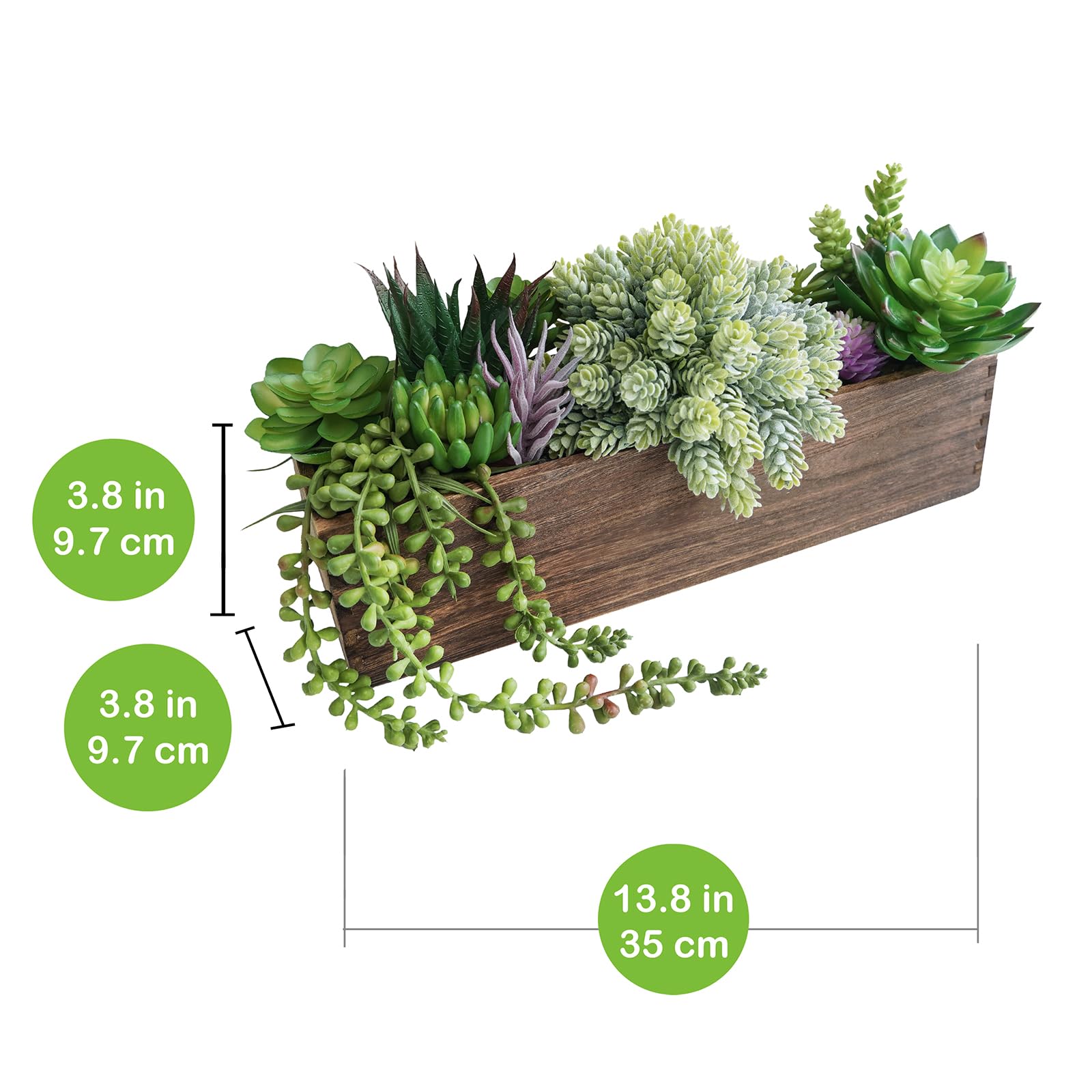 Winlyn artificial succulents close-up showing green and purple tones for ambiance.
