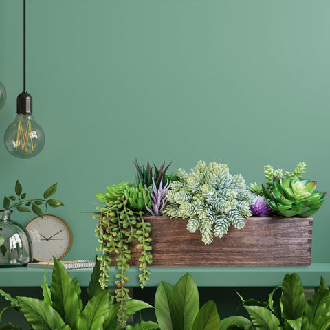 Winlyn natural pebbles and wood planter enhance rustic charm.