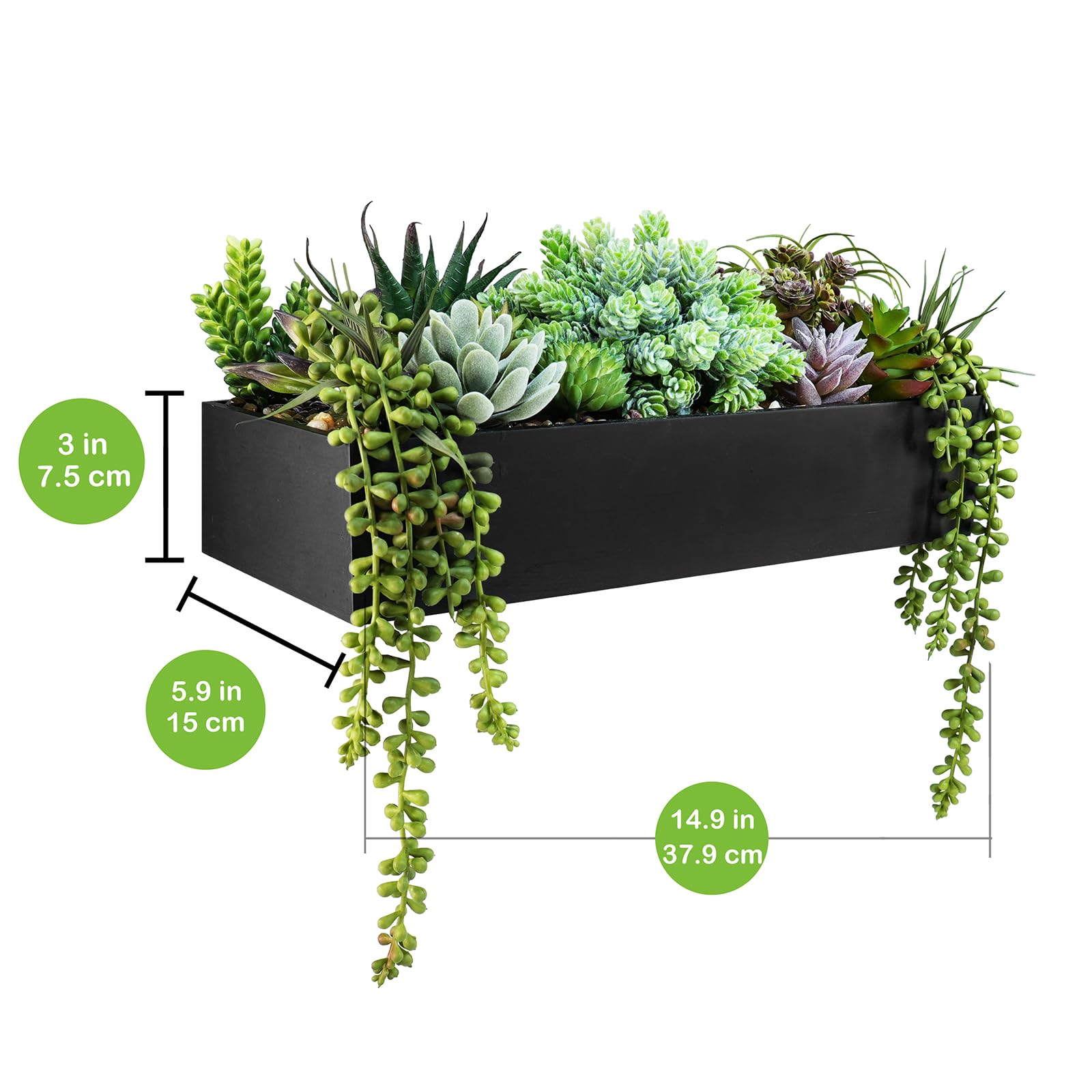 Winlyn rectangular black wooden planter showcases realistic succulents for stylish, low-maintenance décor.