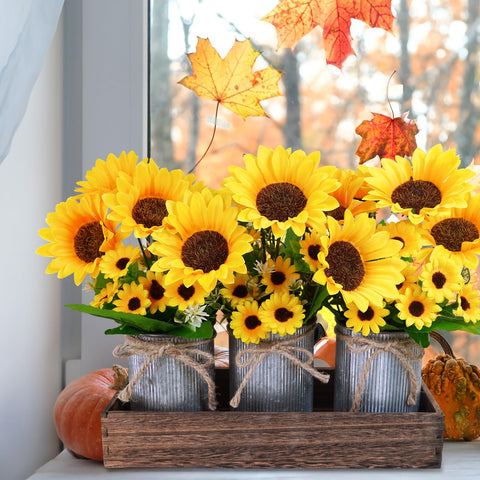 Winlyn rustic wedding table decor featuring sunflower centerpiece