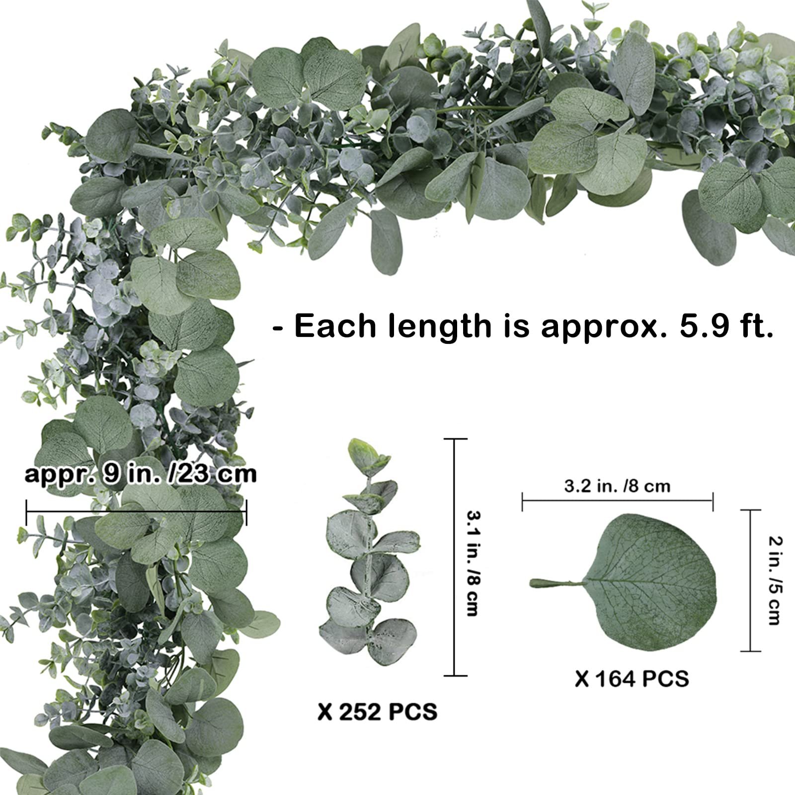 Winlyn silver-dollar eucalyptus garland close-up showing frosted green leaves.
