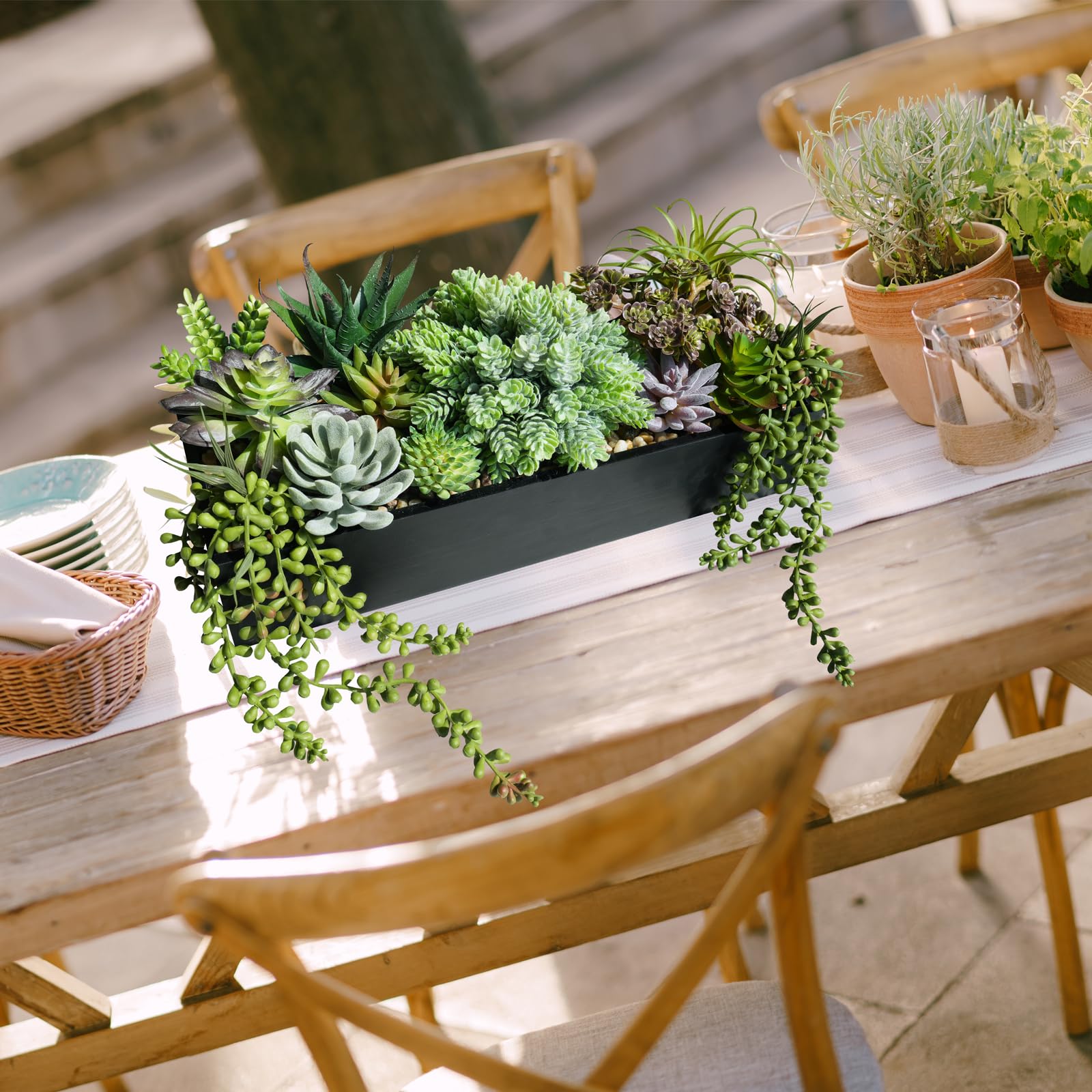 Winlyn variety of faux succulents creates a colorful, lifelike garden display.