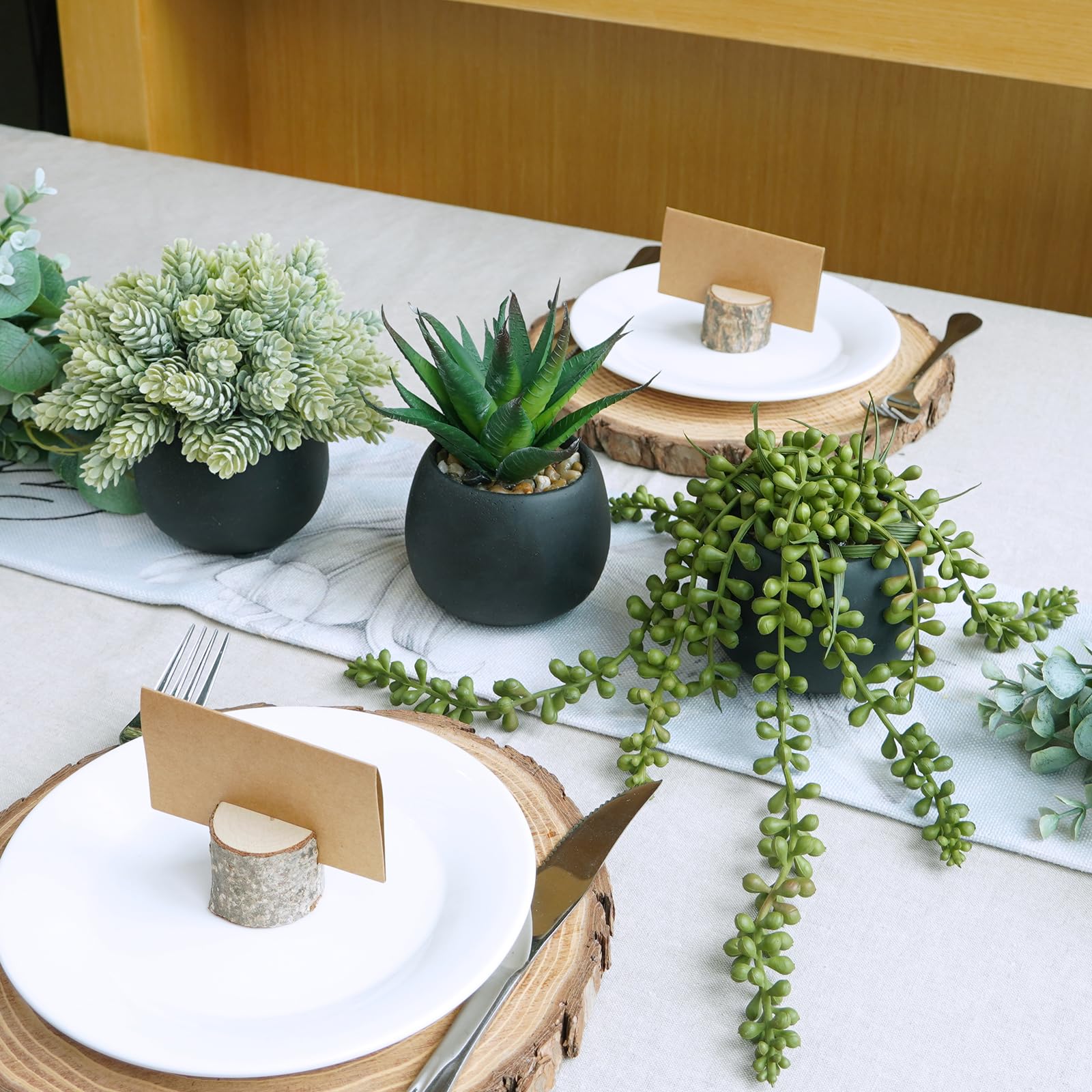 Close-up of matte black pots with pebbles enhances surface styling