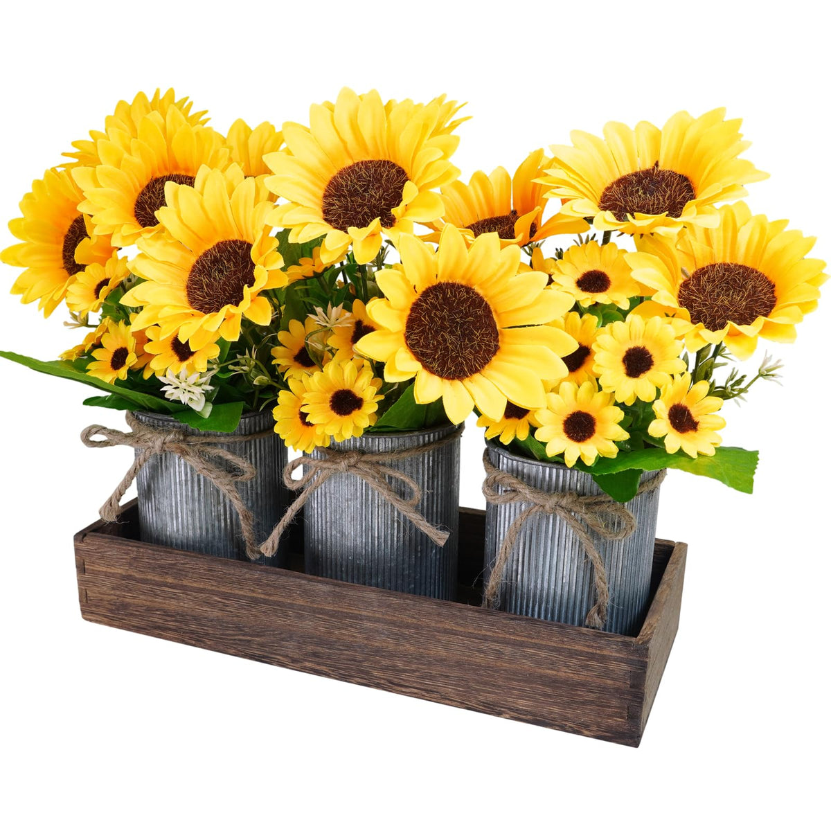 Winlyn artificial sunflowers trio arranged in rustic metal pots for a countryside centerpiece