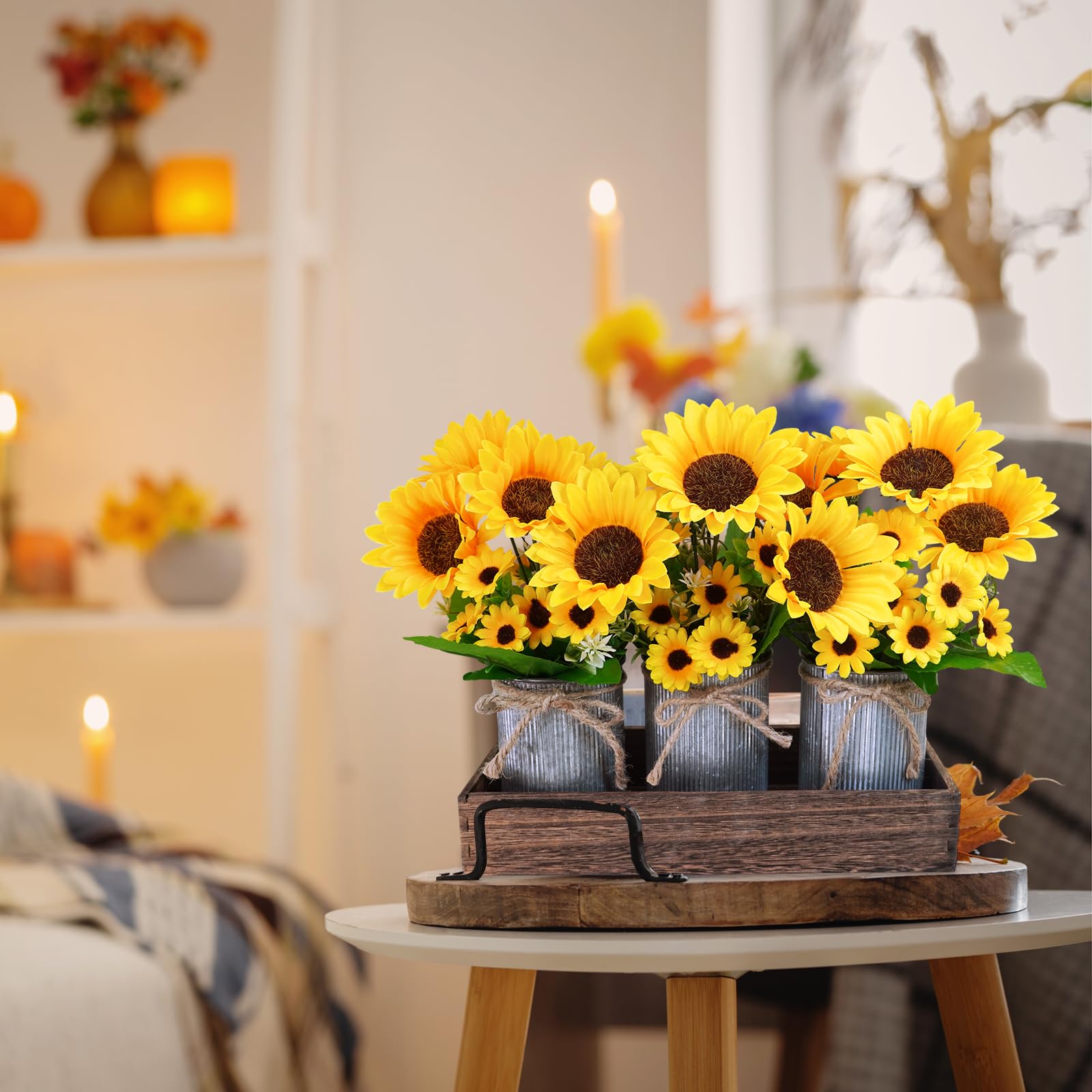 Winlyn sunflowers displayed on mantel shelf providing cozy farmhouse ambiance