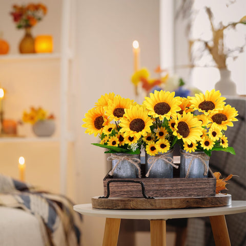Winlyn sunflowers displayed on mantel shelf providing cozy farmhouse ambiance