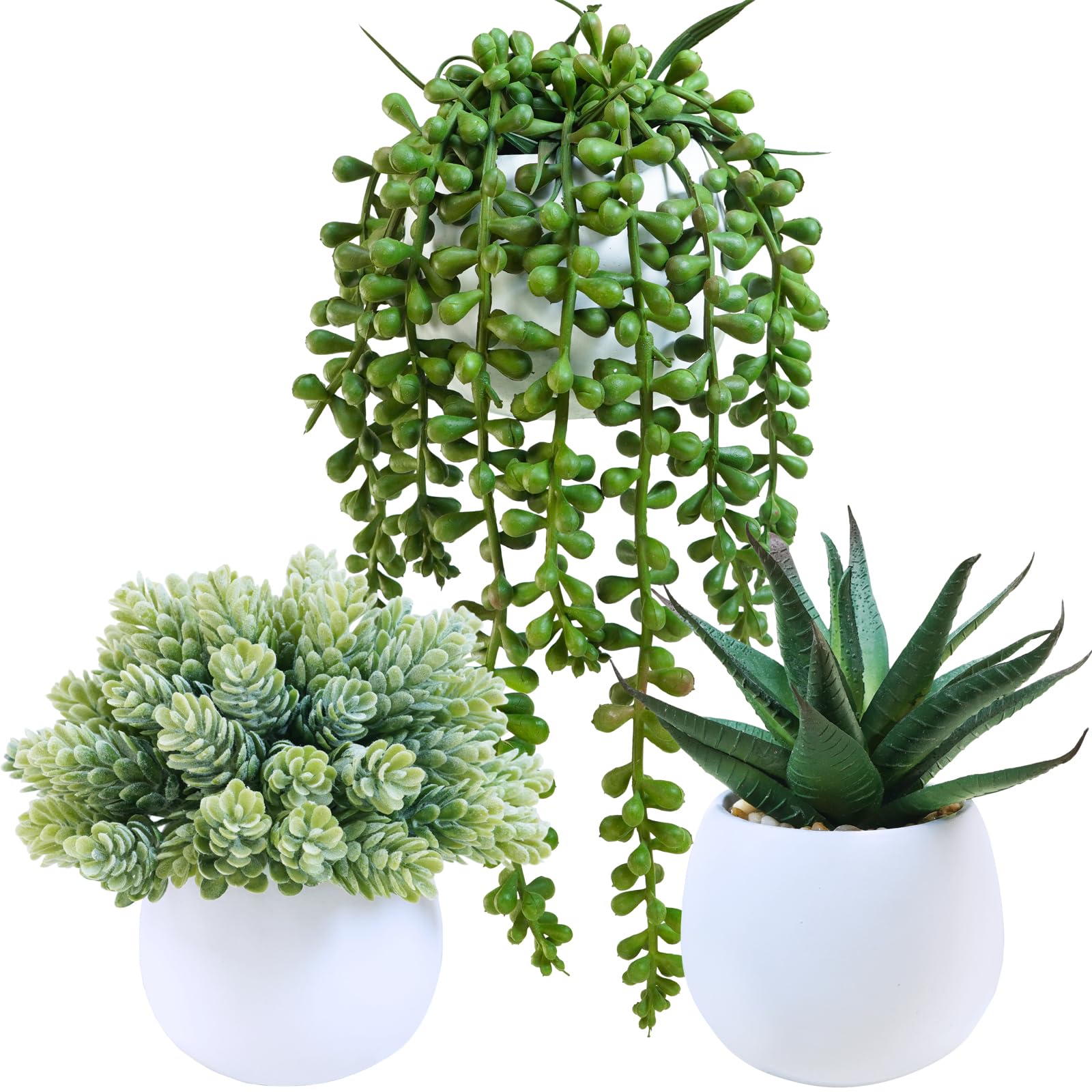 Winlyn aloe artificial succulent in a white concrete pot adds a fresh focal point to shelves.