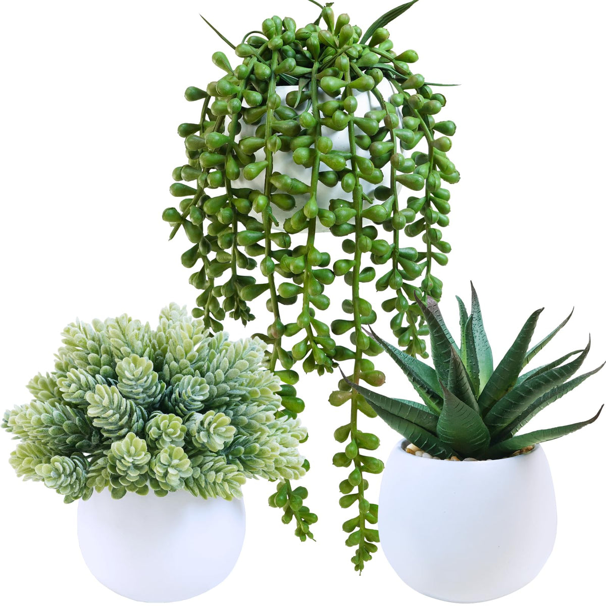 Winlyn aloe artificial succulent in a white concrete pot adds a fresh focal point to shelves.
