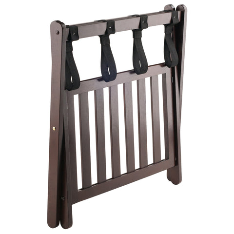 Winsome Reese luggage rack cappuccino side view highlights sturdy solid wood frame