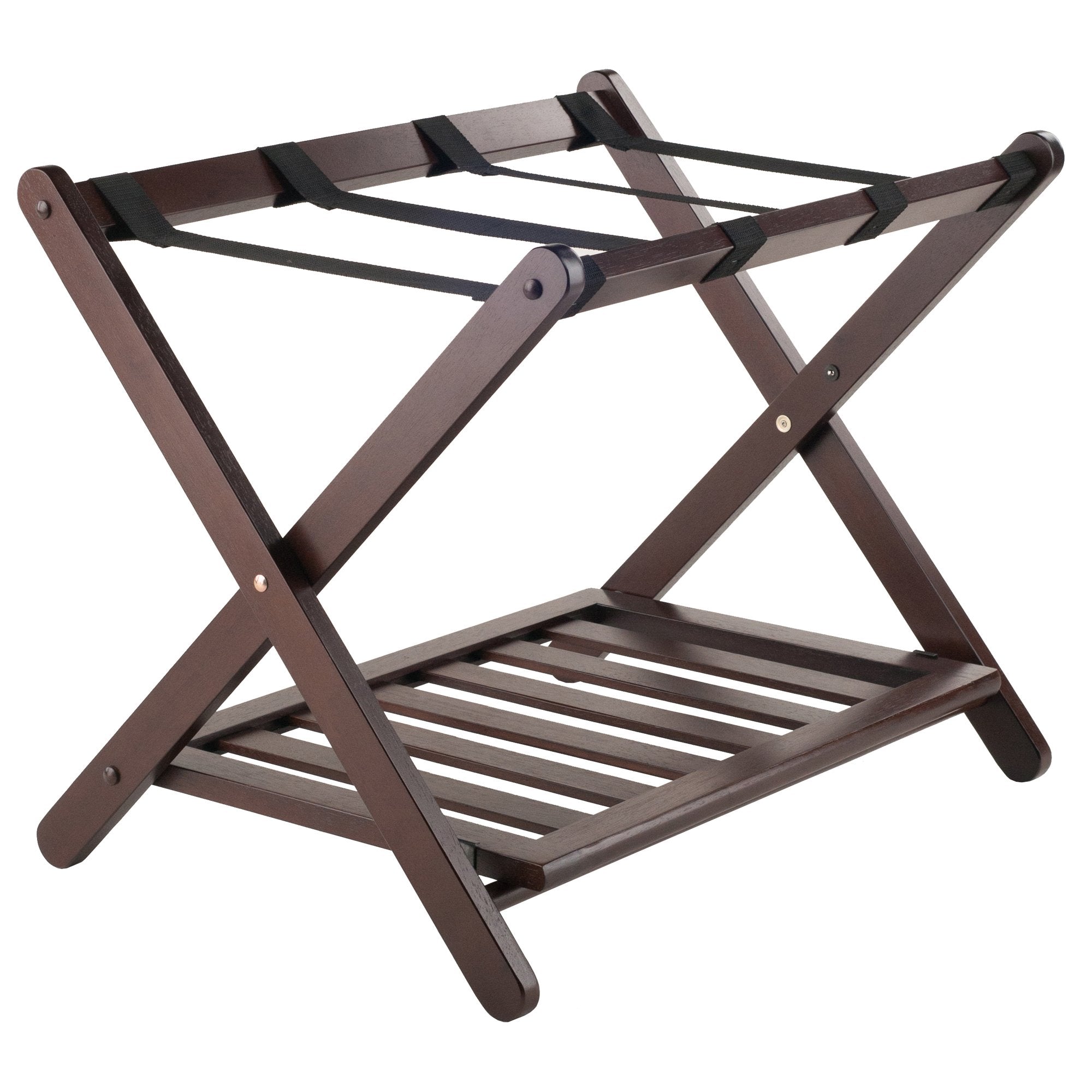 Winsome Reese luggage rack cappuccino top view showcases two-tier design for organized storage