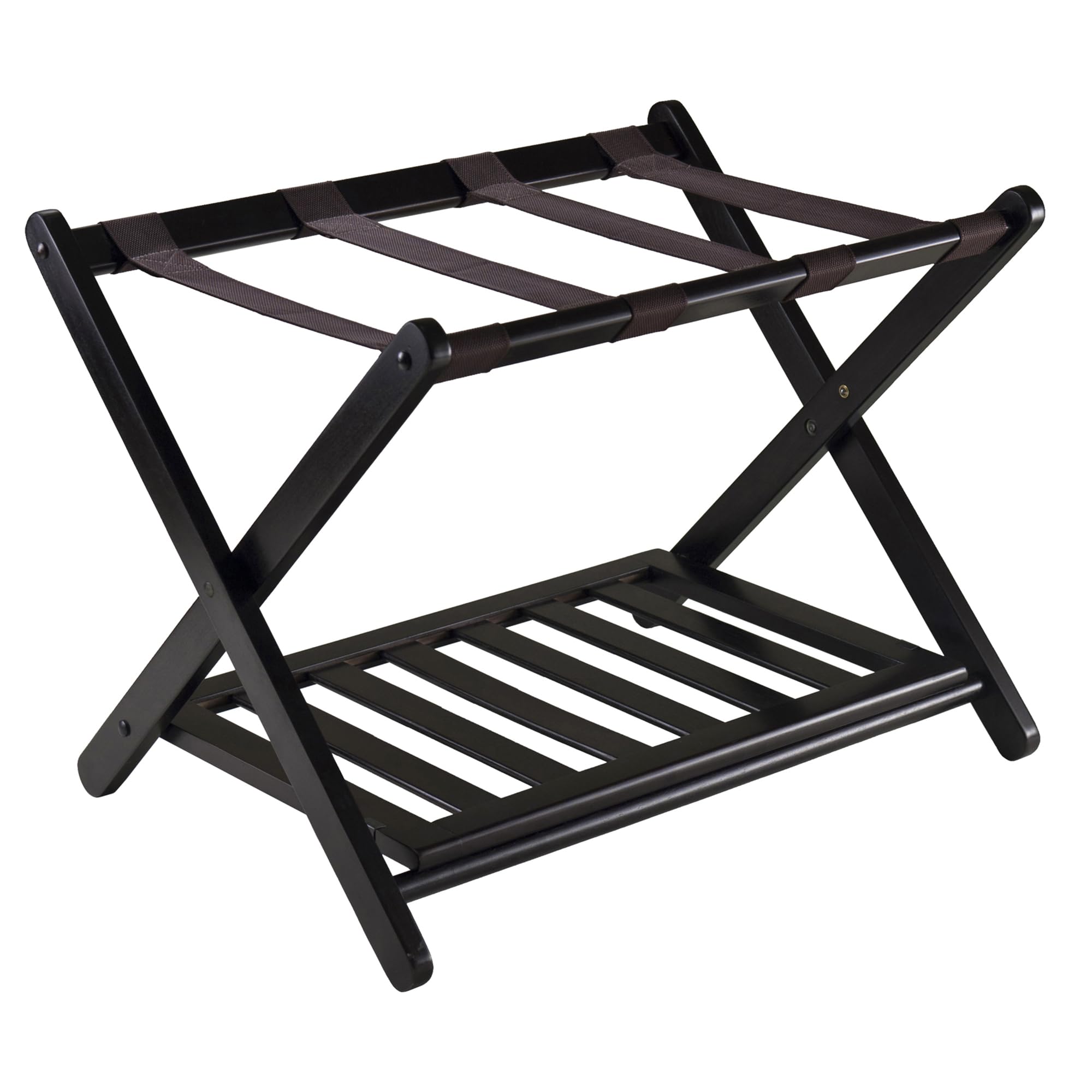 Winsome Reese luggage rack front view in espresso finish supports luggage up to 70 lbs.