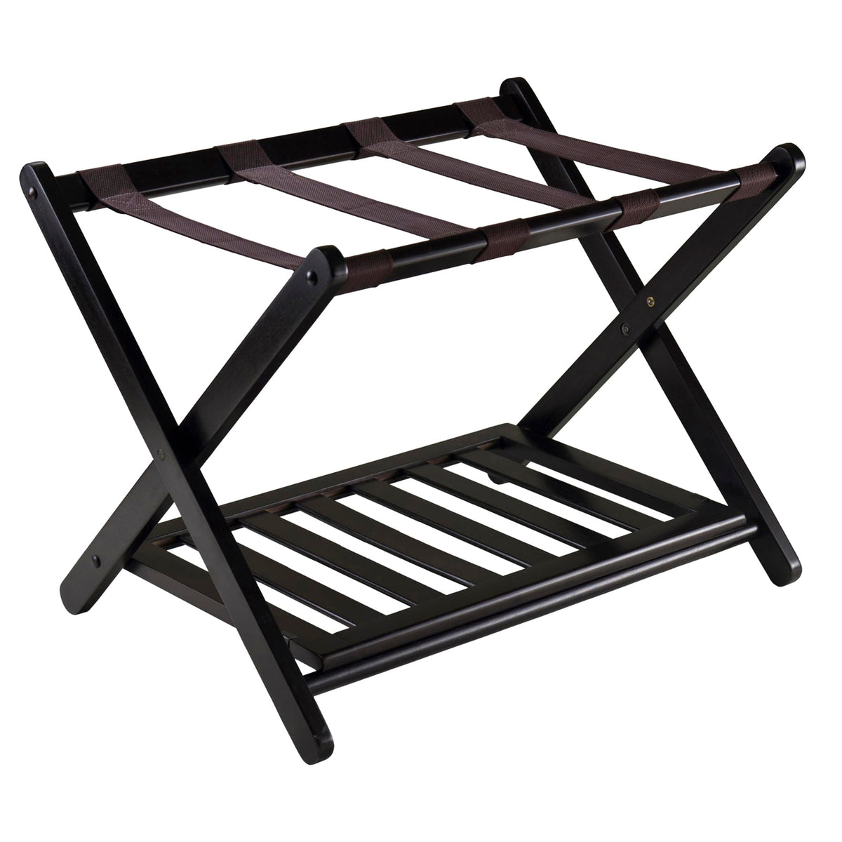 Winsome Reese luggage rack front view in espresso finish supports luggage up to 70 lbs.