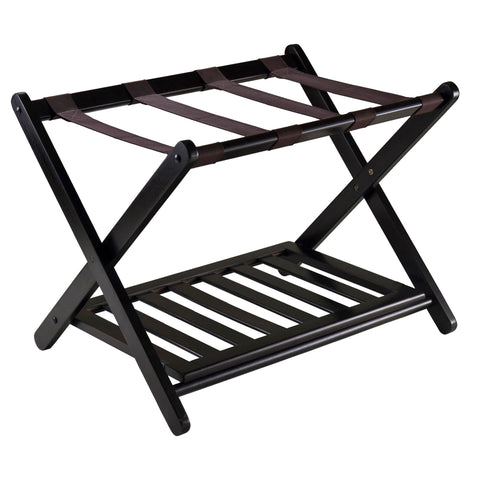 Winsome Reese luggage rack front view in espresso finish supports luggage up to 70 lbs.