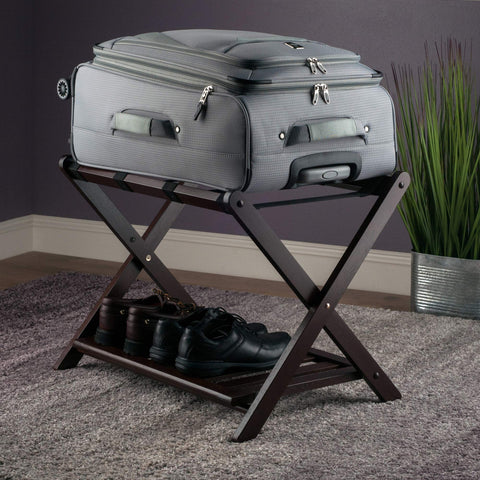 Winsome Reese luggage rack cappuccino in a guest room setting ready for visitors