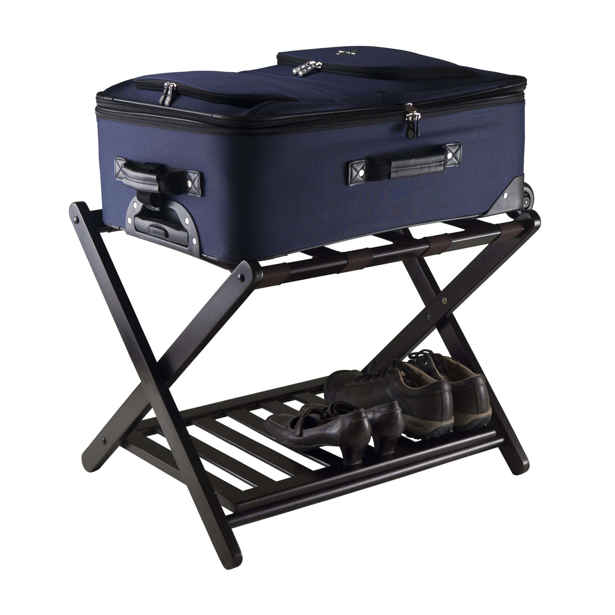 Winsome Reese luggage rack with storage shelf keeps shoes off the floor.