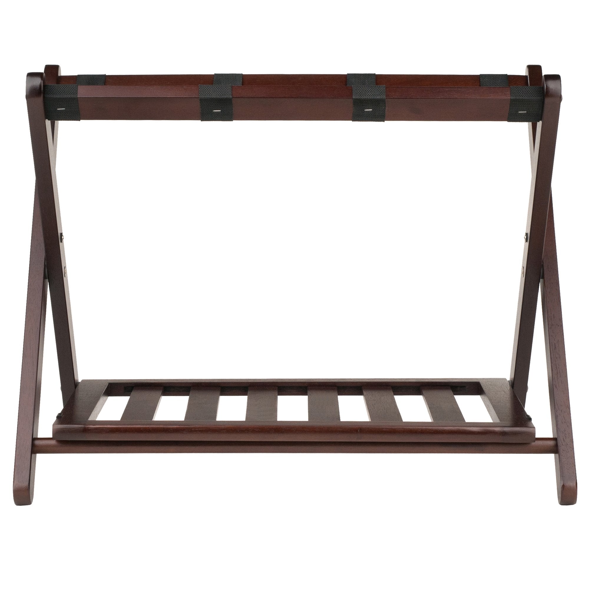 Winsome Reese luggage rack cappuccino nylon straps close-up showing secure top surface for luggage up to 75 lbs