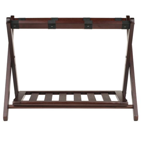 Winsome Reese luggage rack cappuccino nylon straps close-up showing secure top surface for luggage up to 75 lbs