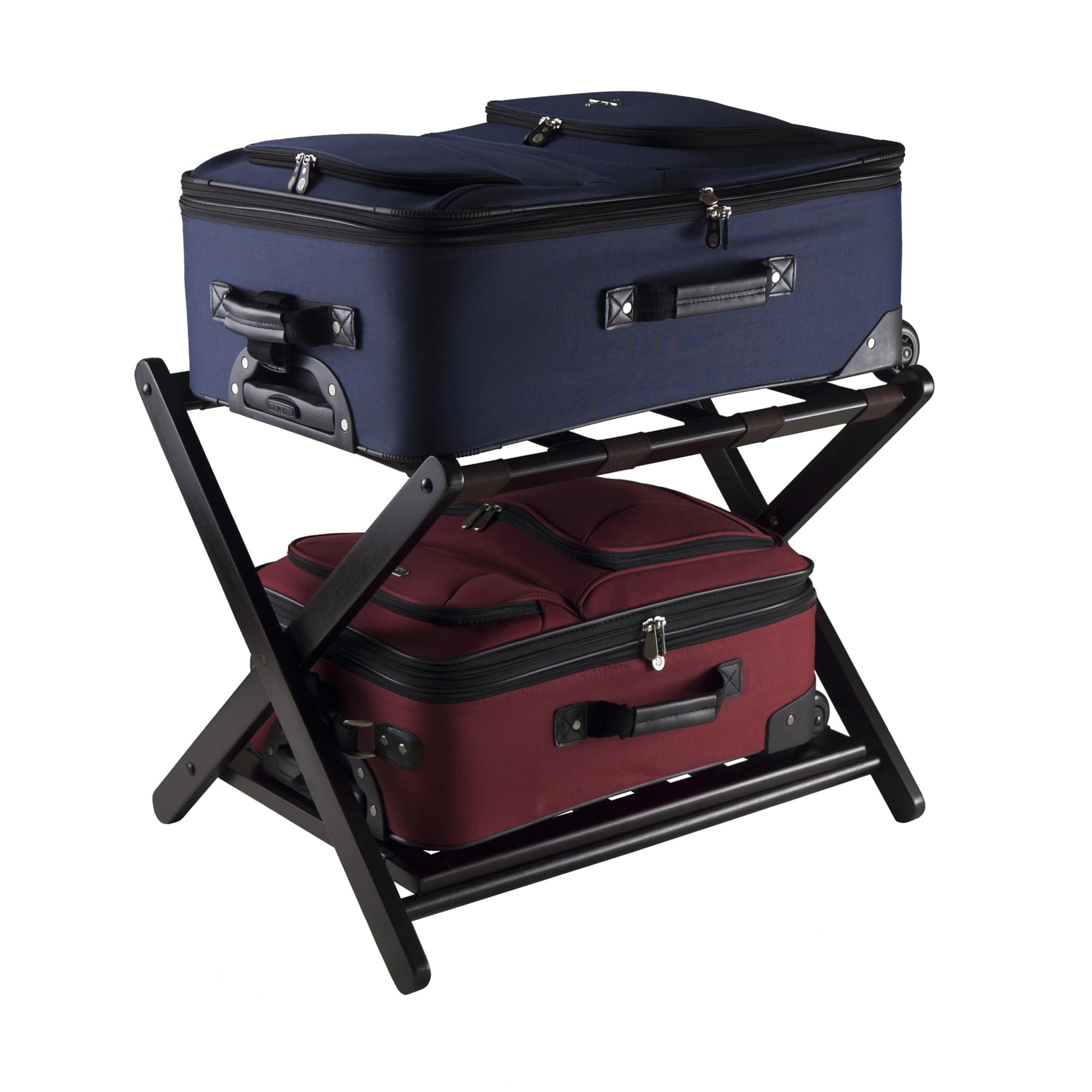 Winsome Reese luggage rack close-up highlighting solid wood construction and espresso finish.