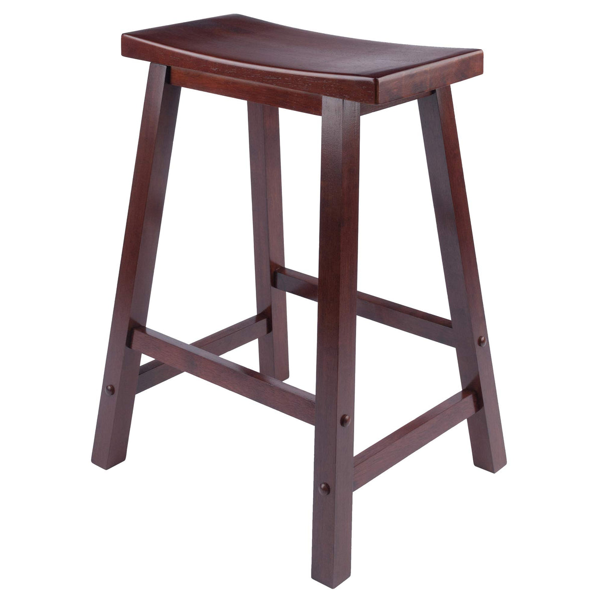 Winsome Satori saddle seat 24in walnut offers sturdy kitchen counter seating.