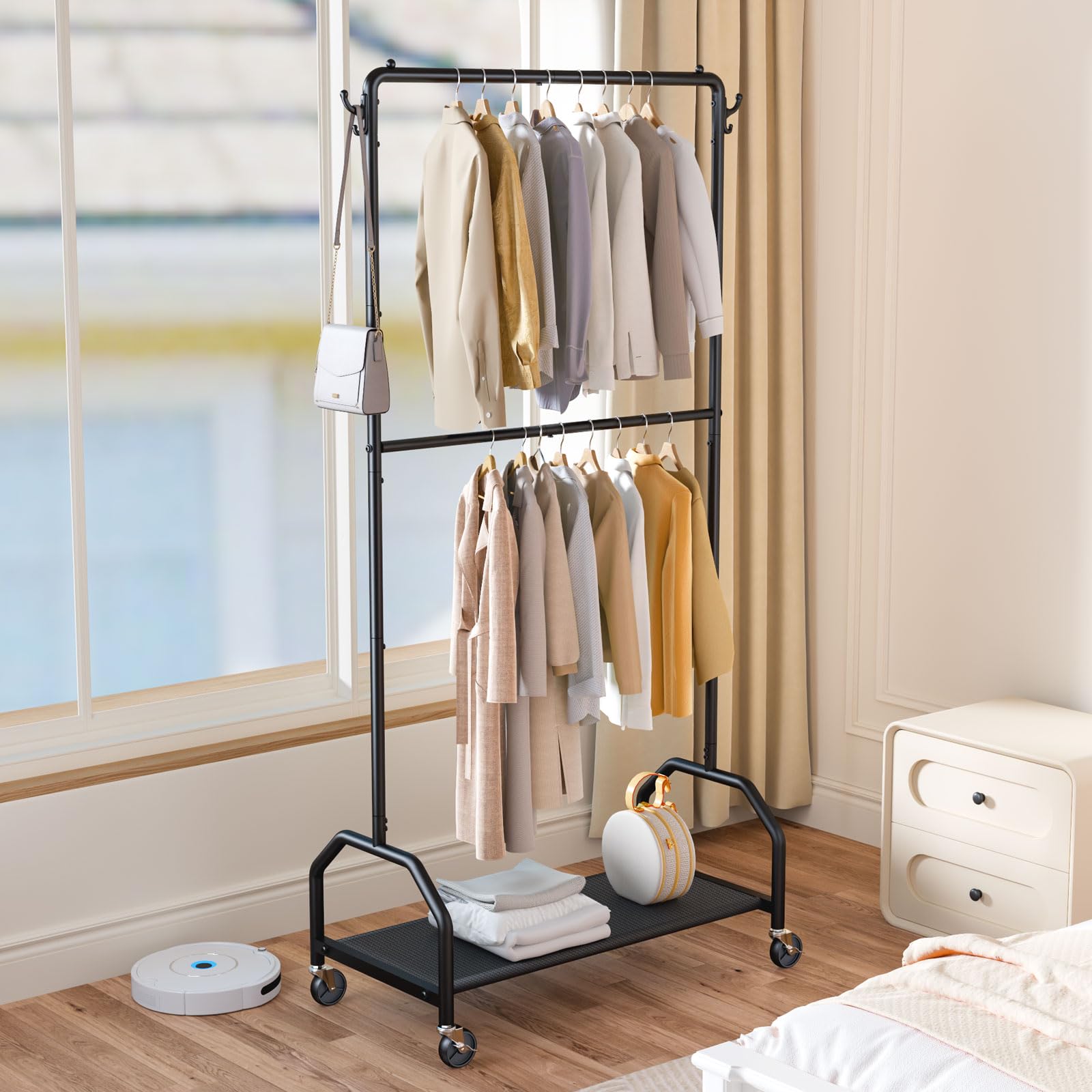 Wiracks bottom shelf storage area for shoes and bins, enhancing closet organization.