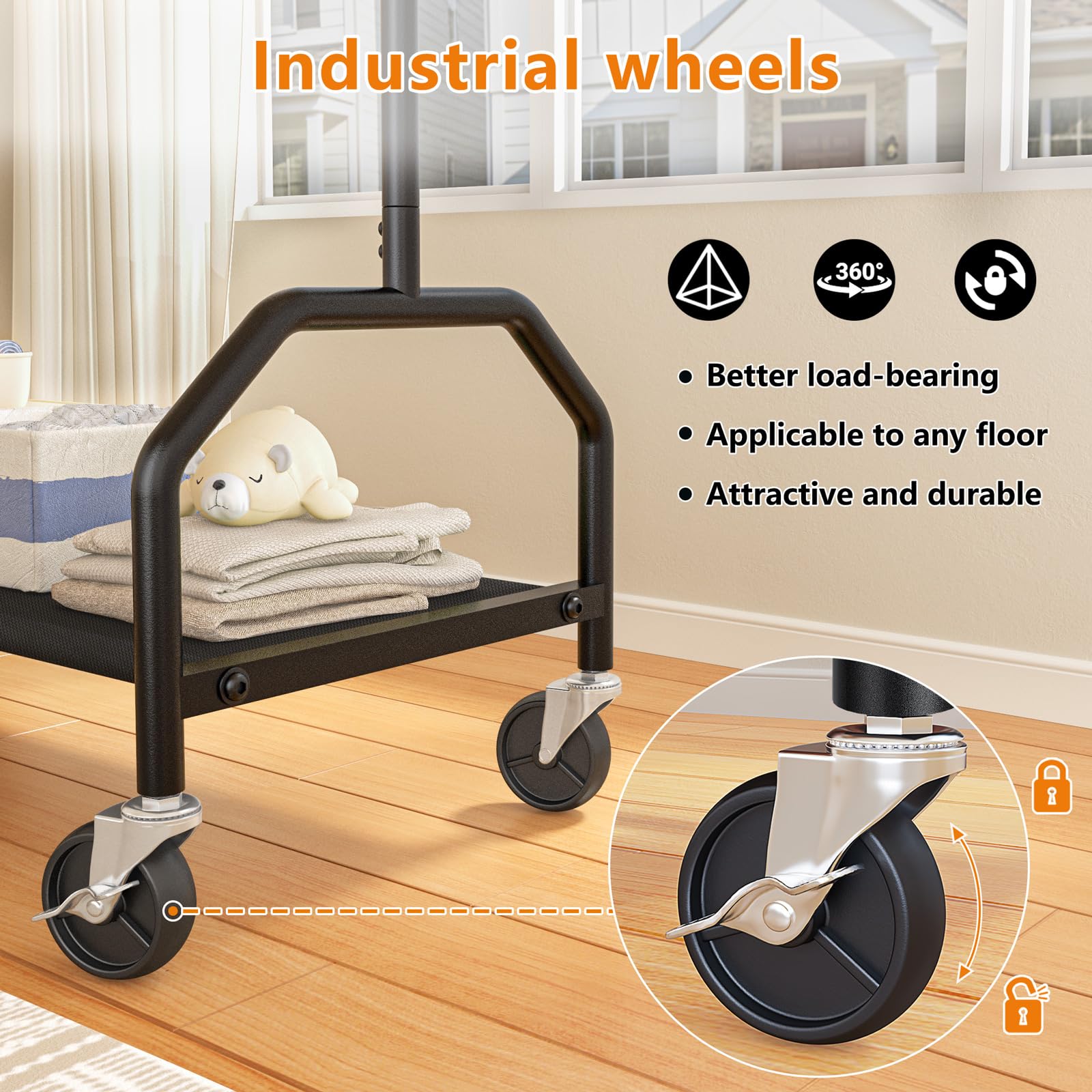 Wiracks industrial wheels roll smoothly on hardwood floors for flexible placement.