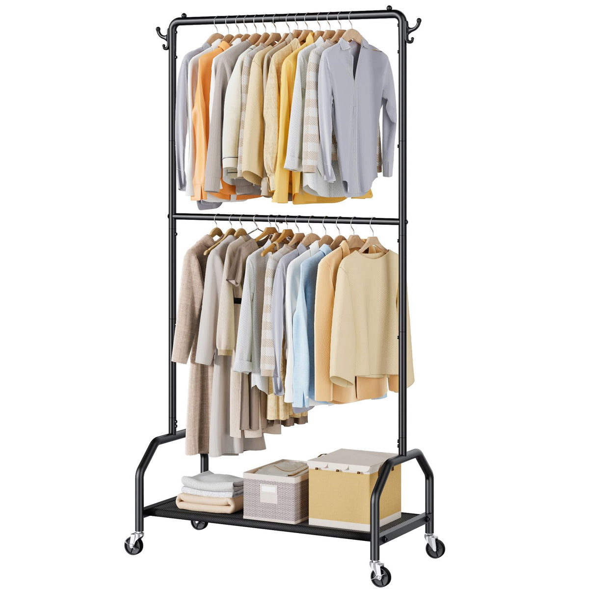 Wiracks double hanging rack showing both top and middle rod for varied garment lengths, easy access.