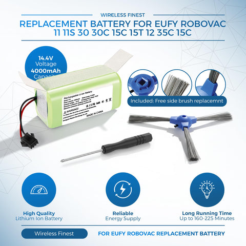 WirelessFinest 4000mAh replacement battery for Eufy RoboVac 12 extends longer cycles.