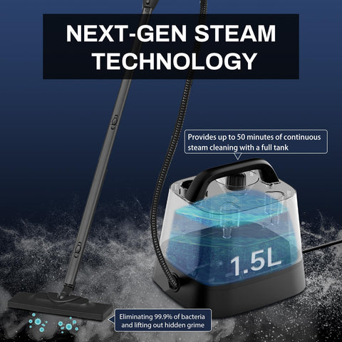 WIRQO Steam Cleaner 1500W heating delivers fast, powerful steam for stubborn grime.