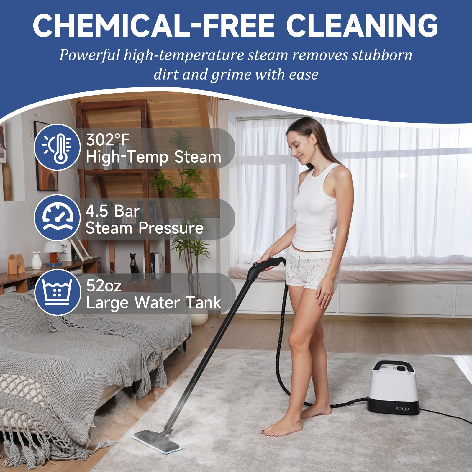 WIRQO Steam Cleaner large-tank delivers long cleaning sessions between refills.