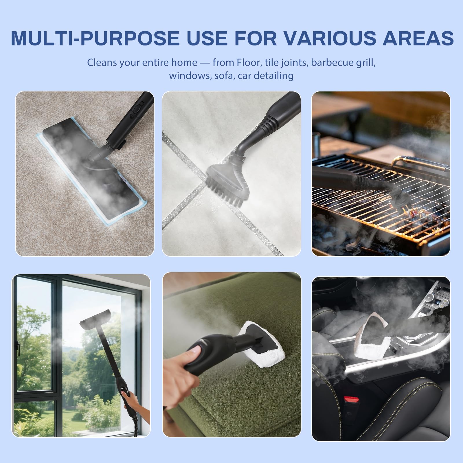 WIRQO Steam Cleaner multi-surface kit cleans floors, upholstery, kitchens, cars with one tool.