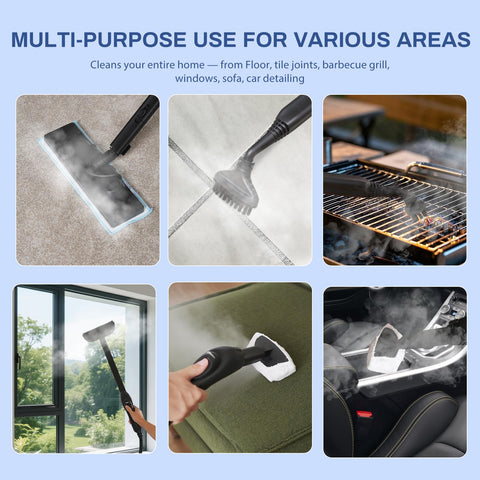 WIRQO Steam Cleaner multi-surface kit cleans floors, upholstery, kitchens, cars with one tool.