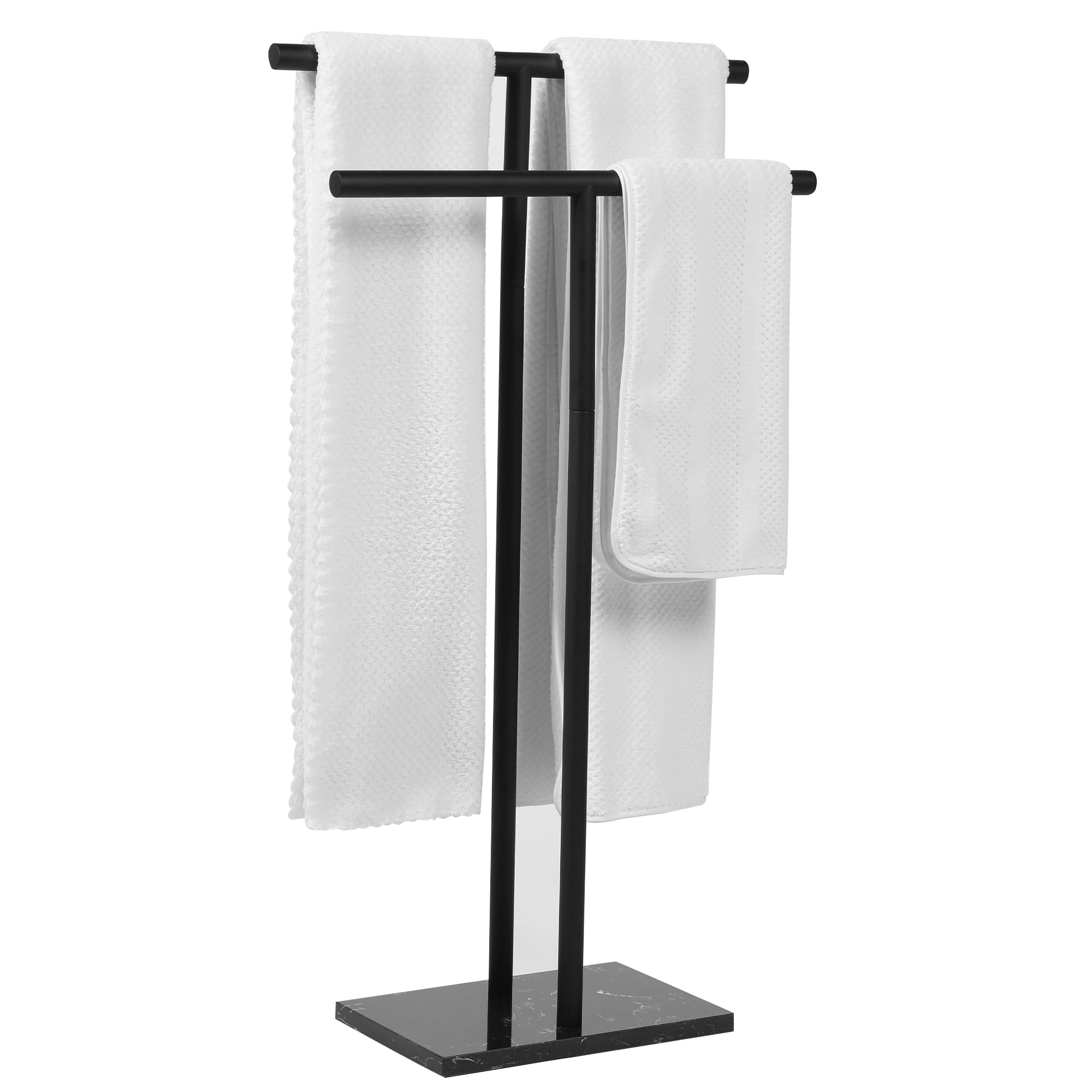 WISATO free-standing towel rack in matte black keeps towels organized and accessible.