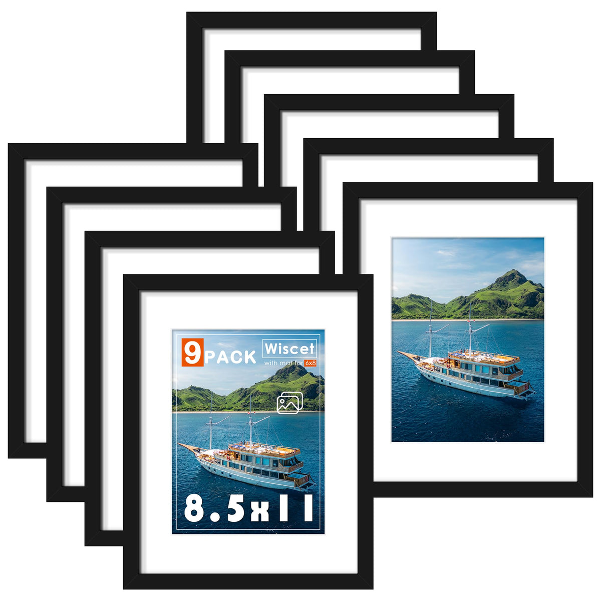 Wiscet 9-pack 8.5x11 frames front view for wall or table display.