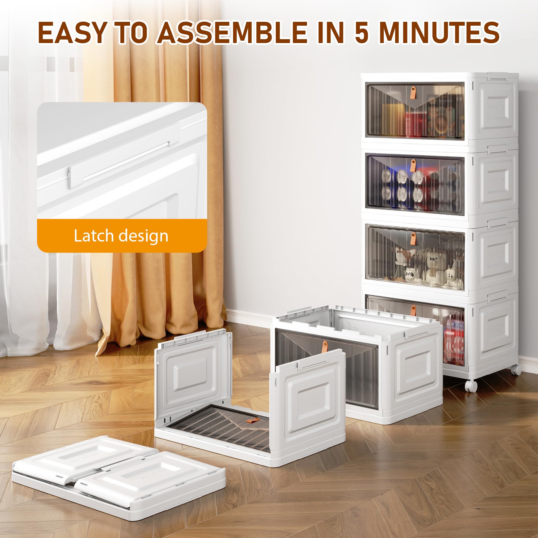 Wise Oannes stackable storage bins with wheels show easy mobility in small spaces.