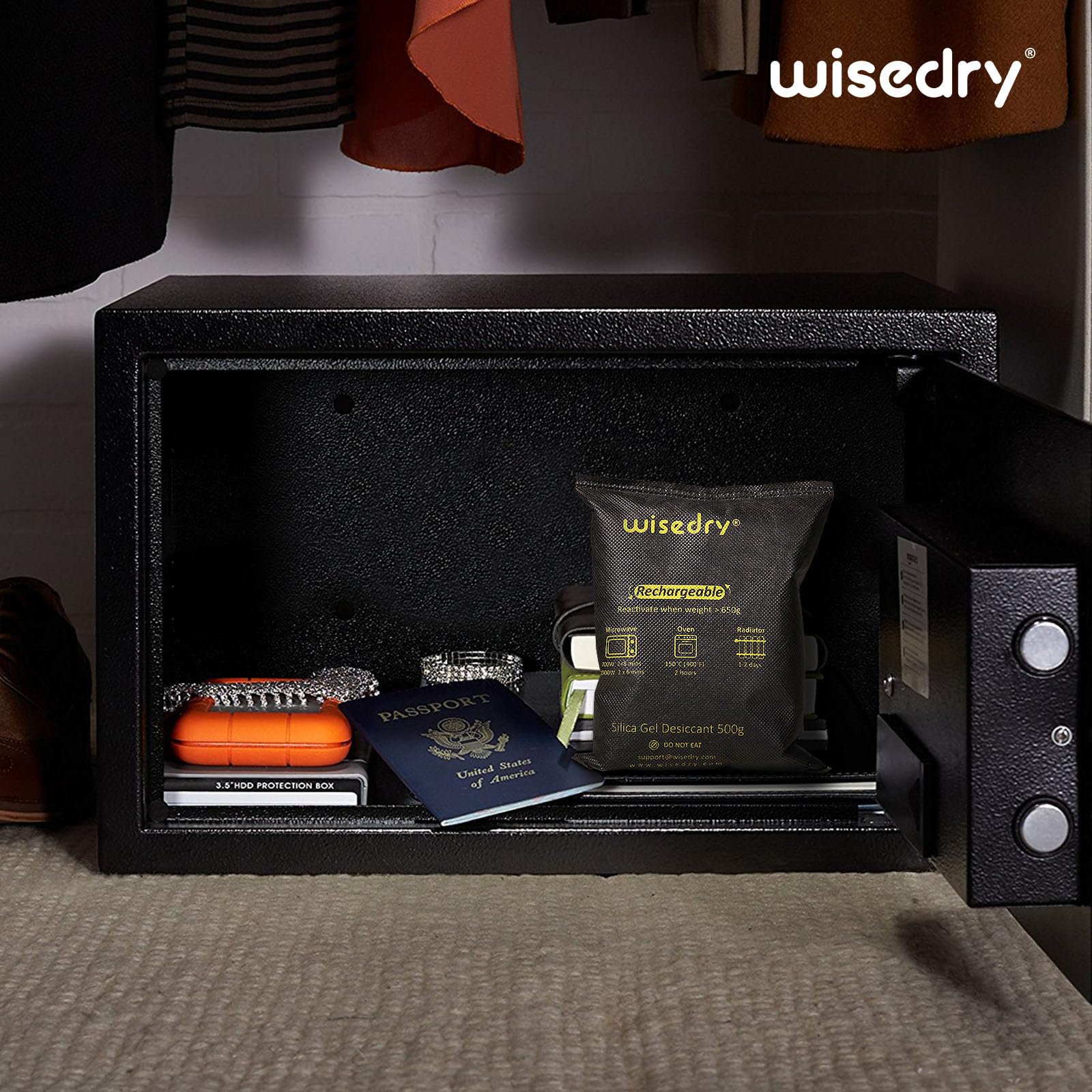 Wisedry compact closet moisture solution for organized storage.